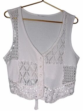 Vintage 90s White Crochet and Waffle Knit Patchwork Button-Front Women's Vest